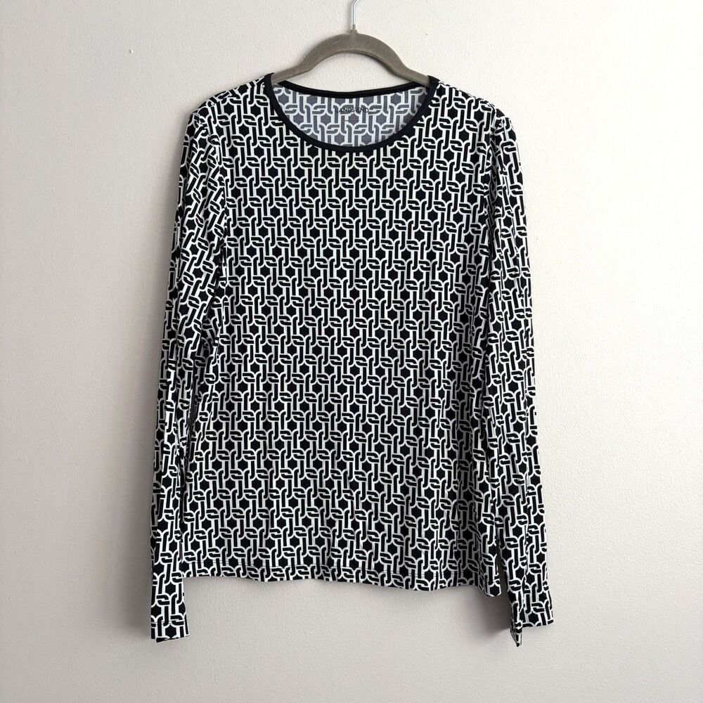 Lands End Swim Tee Rash Guard Long Sleeve UPF 50+ Black White Geometric Small